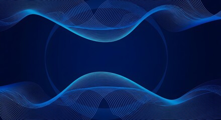 Abstract blue digital wave pattern with glowing particles and a central circular element, representing data flow or sound waves