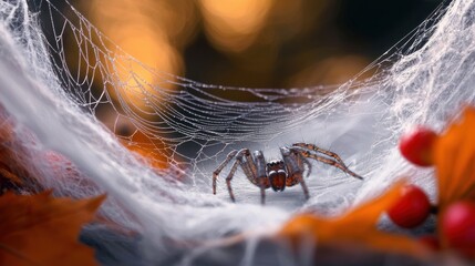 A close-up view of a spider perched in a delicate web, surrounded by autumn foliage.
