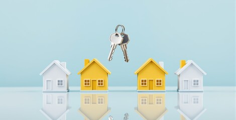 Miniature houses with floating keys symbolizing real estate ownership and property investment concept on blue background with reflections. Ai generative