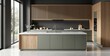 © VideoFlow - Modern minimalist kitchen interior with olive green cabinets, wood accents, and large windows in natural daylight concept design space.. Ai generative