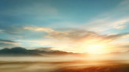 Wall Mural - A stunning sunset casts warm colors across the sky with mist rolling over distant mountains and a serene landscape below. The scene is peaceful and calming at twilight.
