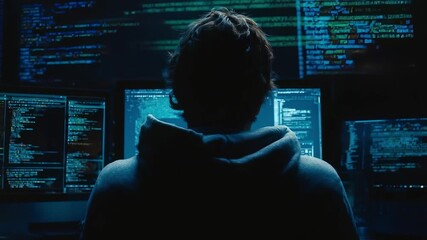 A person in a hoodie coding at a desk with several computer monitors showing lines of code