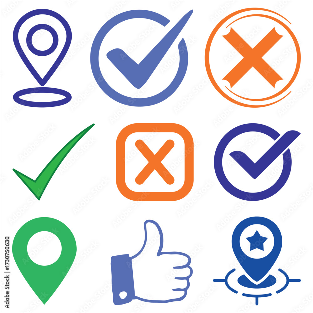 Stockvektorbilden Collection of location pins, check marks, cross ...