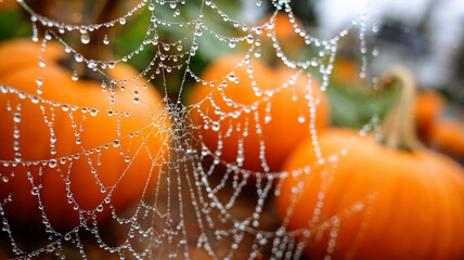 Halloween Spider Web with Dew Drops and Blurry Pumpkins
