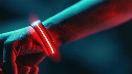 Wall Mural - A hand holding a high-tech device emitting a vibrant red light in a dark setting