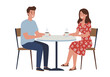 © dhorido studio - Two people sit at a round table each with a cup of steaming coffee