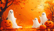 © Deck - 'Playful white ghosts and carved pumpkins on a bright orange background with flying bats—evoking cheerful Halloween vibes and whimsical seasonal fun.'