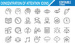 © SANTI - Concentration & Attention Icons — 25 editable stroke line symbols for focus, mindfulness, study, brain, target, eye, ear, time management, learning, productivity, and cognition on white background