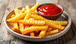 © hardvicore - Appetizing French fries, crinkle-cut with tomato dipping sauce. Tasty snack. Delicious food.