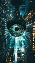 Wall Mural - A surveillance camera lens creates a dramatic time lapse effect while capturing the night skyline of a bustling urban environment.