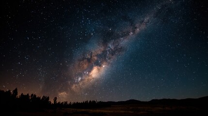 Wall Mural - Bright stars illuminate the night sky as the Milky Way galaxy stretches across the horizon. A tranquil setting enhances the beauty of this celestial display perfect for stargazing.