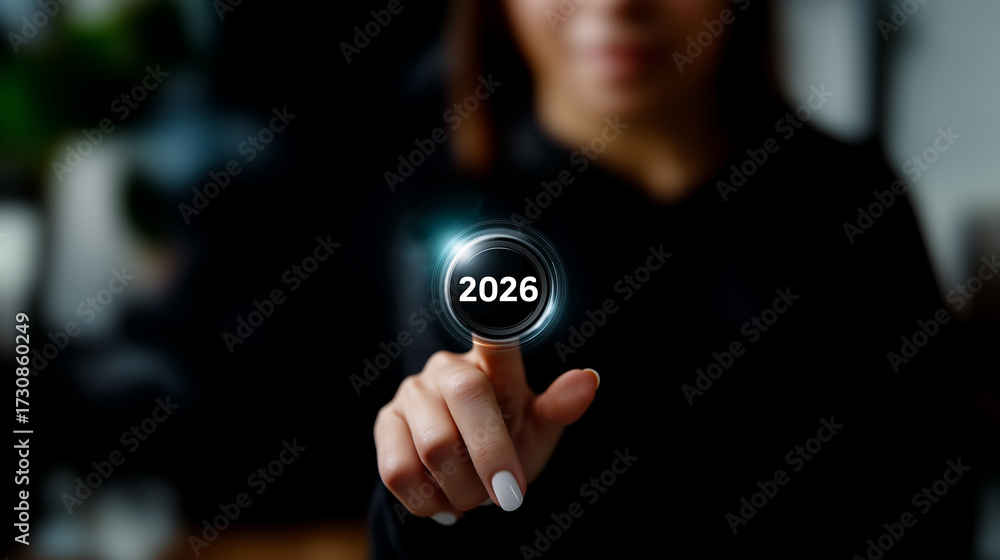 Photo Stock 2026 press start button concept, glossy futuristic control ...