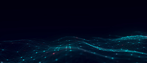 Wall Mural - Digital hexagon dynamic wave of particles. Abstract blue futuristic background. Big data visualization. 3D rendering.