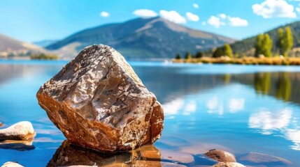 Wall Mural - Tranquil mountain lake with rocky shoreline under clear blue sky