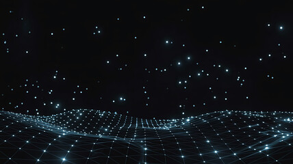 Abstract Digital Landscape with Glowing Particles and Wireframe Mesh for Technology and Data Visualization Concepts