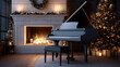 © Artistry - elegant holiday room with grand piano, glowing fireplace and decorated christmas tree in warm festive composition with natural light and wooden textures