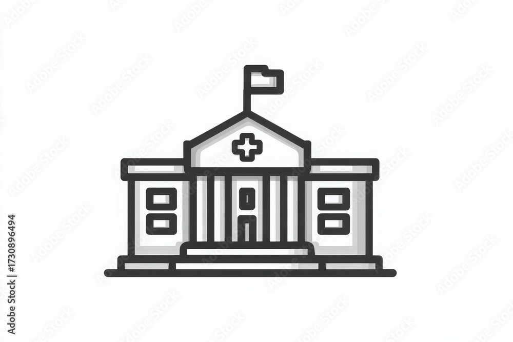 The structure features a classic design with pillars, a flag atop the roof, and a cross symbol, indicating it is a health-related institution. Clear lines give it a modern look.