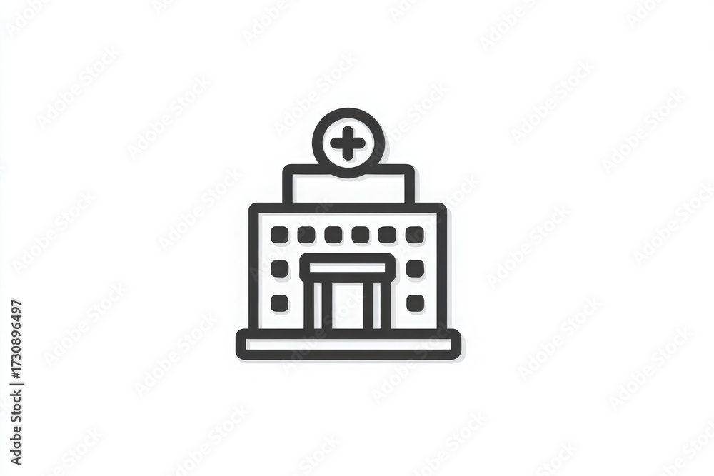 A modern hospital building design is showcased, featuring a prominent medical symbol on the roof. The structure has a simple, clean design with a welcoming entrance.