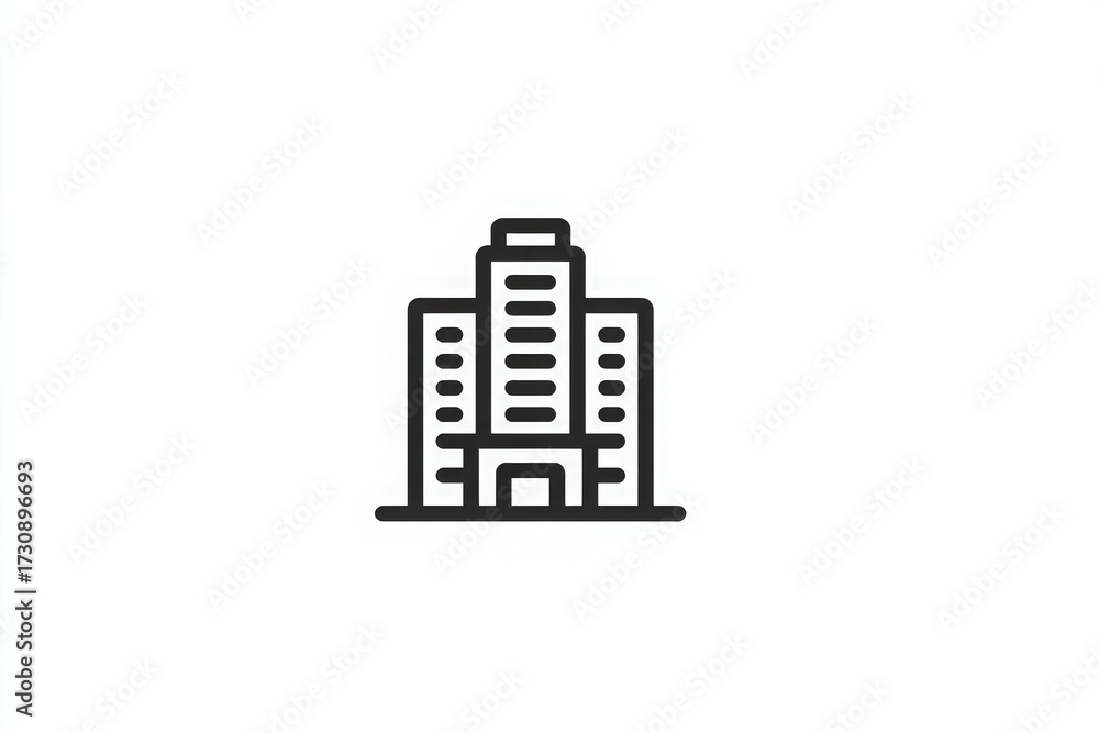 The drawing shows a tall building with a simple, modern design. It features multiple floors, windows, and a clear entrance, representing urban architecture. The style is minimalistic and professional.