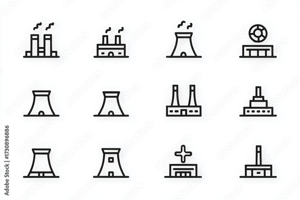 The design showcases multiple industrial structures, including power plants, cooling towers, and factories, represented in a clear, minimalist line art style.