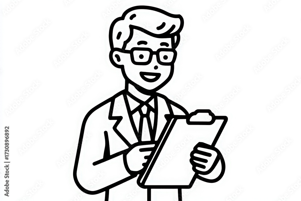A man in a suit and glasses stands smiling while holding a clipboard. He appears friendly and professional, ready to offer assistance or check off tasks. The background is simple and minimalistic.