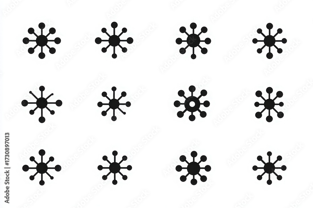 This design consists of multiple circular forms with small protrusions, arranged in a 4x3 grid. The circles have various sizes and patterns. The artwork showcases simplicity and modernity.