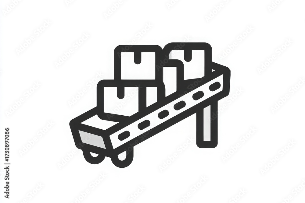 A conveyor belt moves several cardboard boxes in a warehouse. The scene depicts a functional setup, highlighting the efficiency of transporting goods. Bright lighting enhances the workspace.