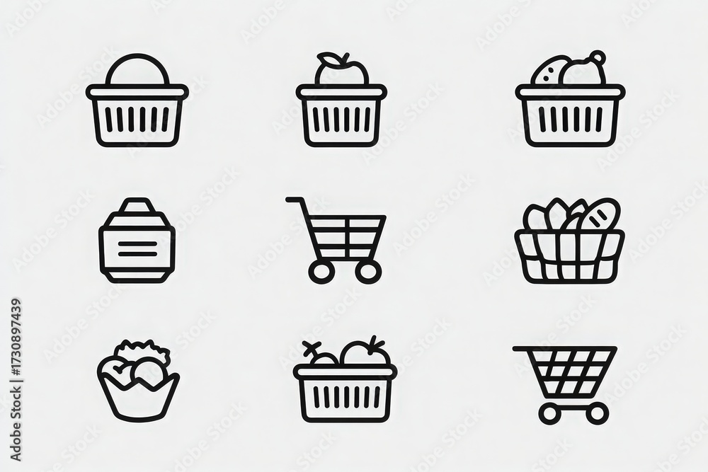 A grid layout displays various line icons representing grocery items. Baskets feature fruits, vegetables, and packaged goods, alongside shopping carts indicating shopping activity.