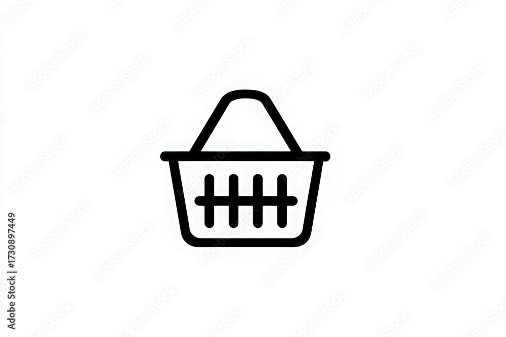 A basic black outline of a shopping basket with a handle, featuring horizontal lines across the base. The design is minimalist and clear, suitable for various applications.