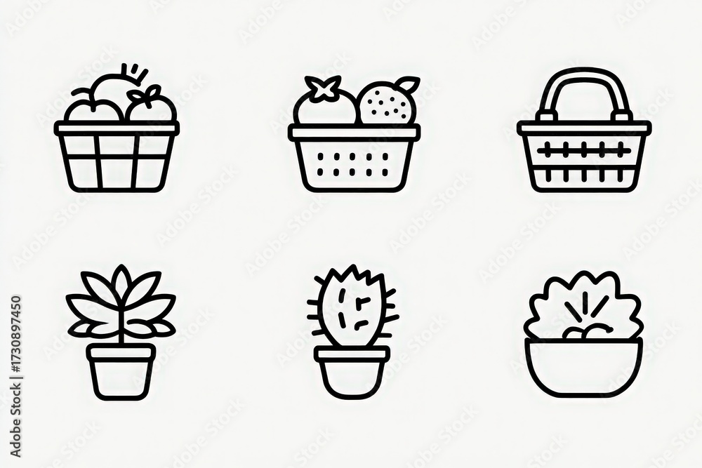 This artwork features a series of simple black line drawings showcasing various fruits in baskets and different plants in pots. The style is minimalist and modern, ideal for decor.