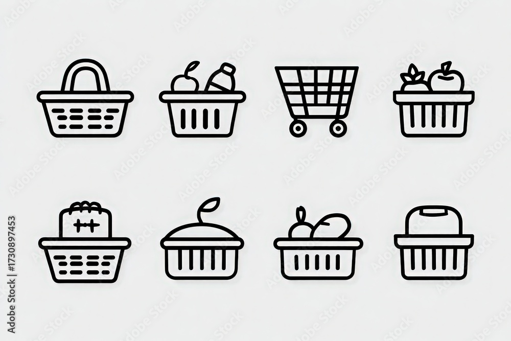 Different styles of shopping baskets are displayed, each containing items like fruits and groceries. The designs showcase essential shopping symbols. Simple and clean line art is used.
