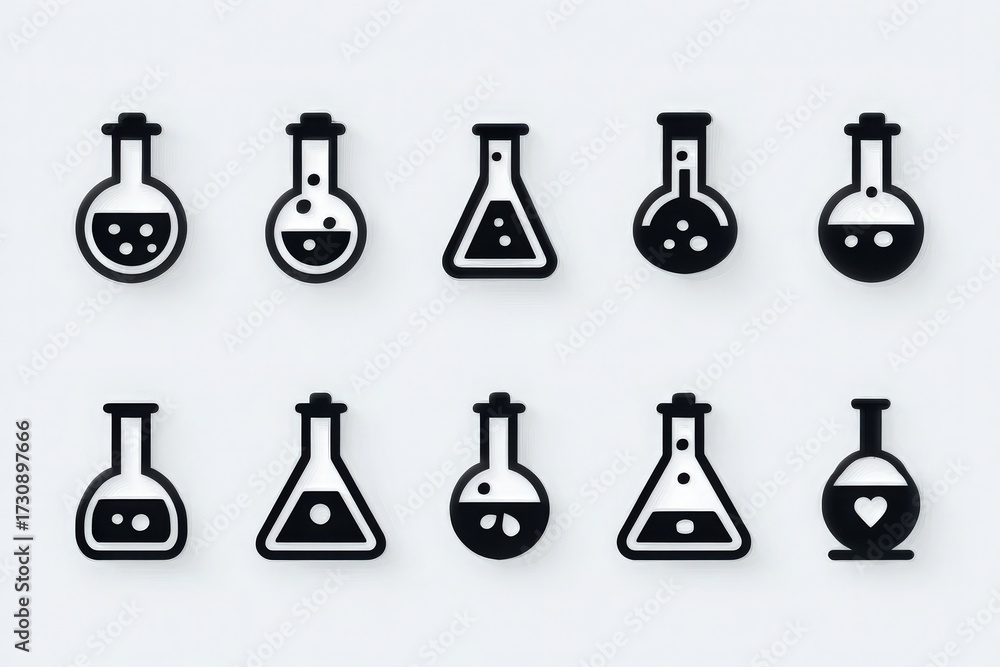 Nine unique black and white laboratory flask icons are arranged in a neat grid. Each flask varies in shape and design, showcasing different icons inside.