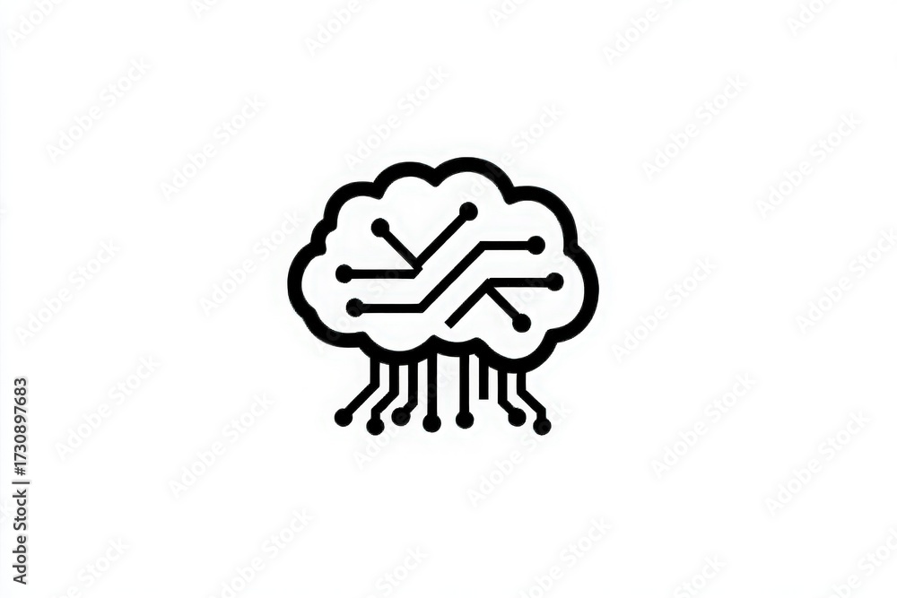 The artwork features a stylized brain design with lines and circuits, representing the connection between human thought and technology. This symbolizes the fusion of intelligence and machines.