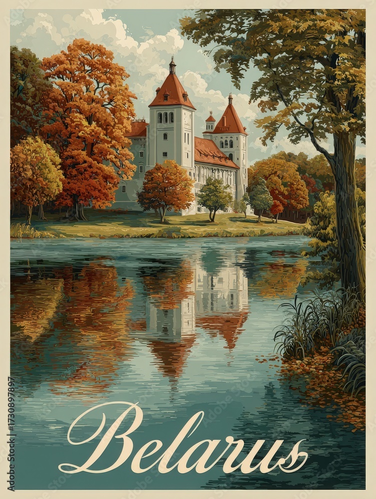 A serene landscape showcases a majestic castle beside a calm river, surrounded by vibrant autumn foliage. The warm colors of the trees create a stunning reflection in the water.
