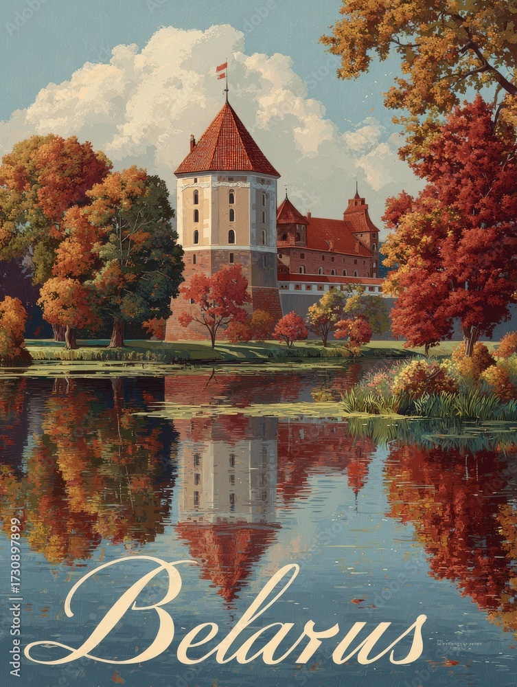 A historic castle stands by a serene lake surrounded by colorful autumn trees. Reflections of the castle and the surrounding foliage create a tranquil and picturesque landscape in Belarus.