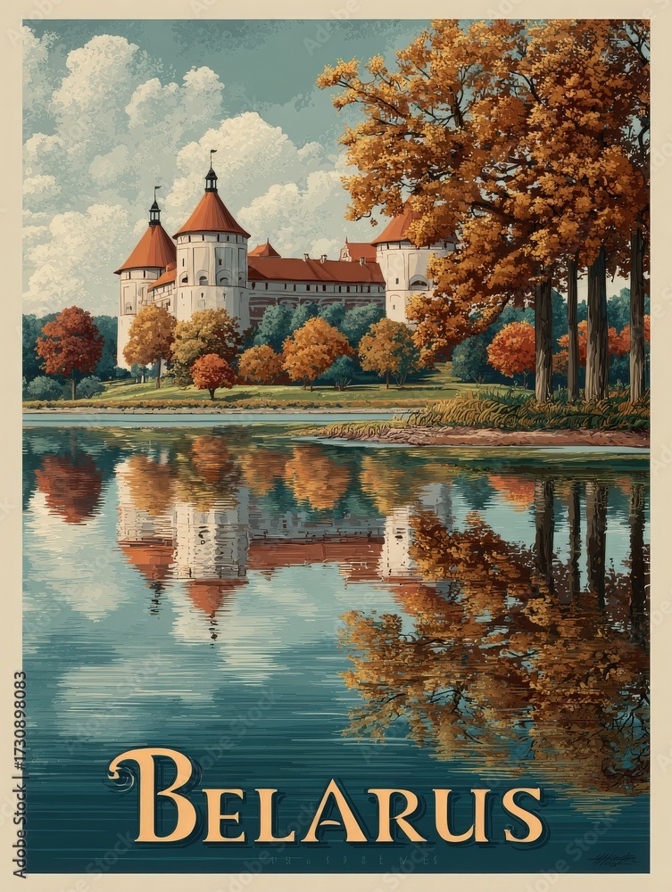 A serene scene features a grand castle on the banks of a lake in Belarus. Vibrant autumn trees provide a colorful backdrop, and the water reflects the stunning architecture.