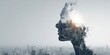 © Artistry - profile of person dissolving into particles with cityscape overlay and glowing light in surreal double exposure composition exploring urban identity and conceptual fusion