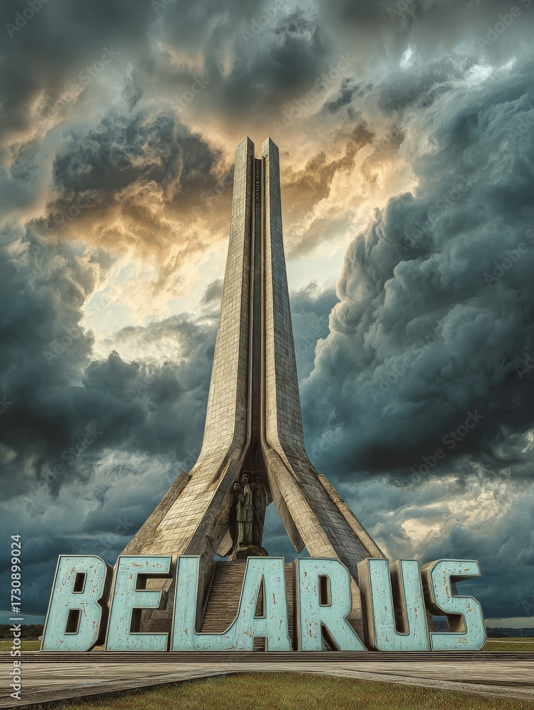 A striking monument rises in Belarus, featuring a large, bold letter sculpture that spells out the countrys name. Stormy clouds create a dramatic backdrop, enhancing the scenes intensity.