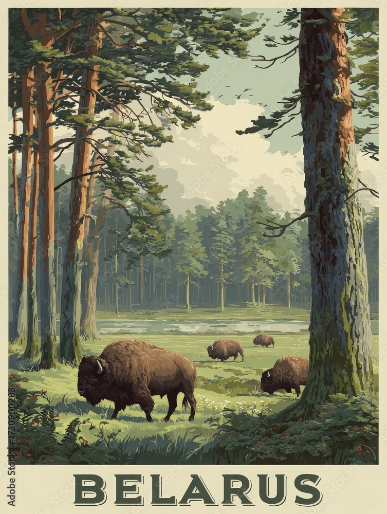 In a serene forest in Belarus, several bison graze calmly on the lush grass. Tall trees line the background under a clear sky, creating a peaceful and natural setting.