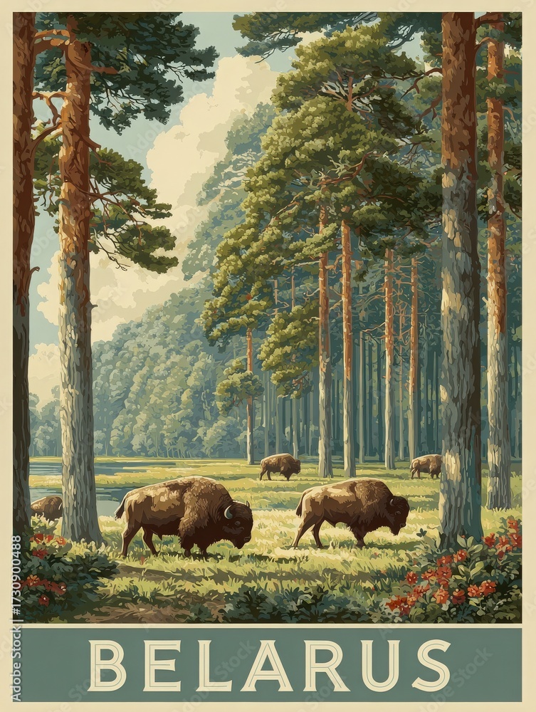 A group of bison peacefully grazes in a lush green meadow surrounded by tall trees in Belarus. The vibrant scenery showcases the beauty of nature and wildlife.