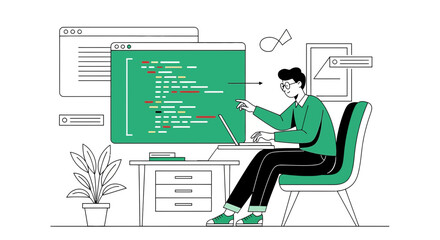 Illustration of a programmer working on code at his desk in a minimalist style