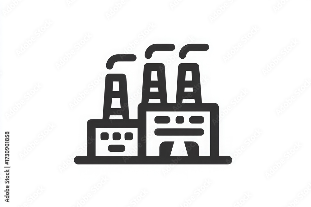 Three industrial factories stand side by side with tall smokestacks emitting smoke into the clear sky. The scene captures a bustling urban environment during the daytime.