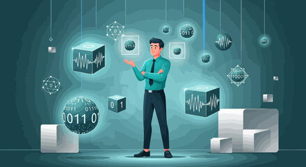 Illustration showcasing a man presenting data visualization and binary code elements surrounding