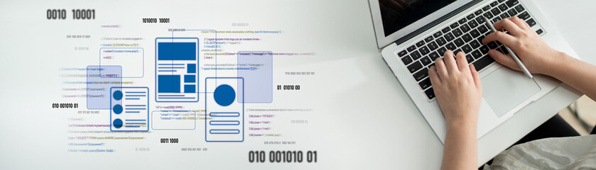 UI UX mockup showing application layout, structure, and code interface. UI design defines user flow, UI design improves clarity, UI design enhances experience, and UX design supports logic. Latch