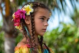 A girl stands in a lush garden, her hair braided and adorned with colorful flowers. Sunlight filters through the leaves, casting a warm glow as she gazes thoughtfully into the distance