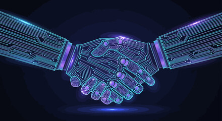 Conceptual illustration of a digital handshake, representing a technological agreement or AI collaboration