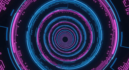Dynamic digital tunnel of glowing blue and pink lines, illustrating a high-speed pathway through advanced technology, data streams, and virtual reality concepts