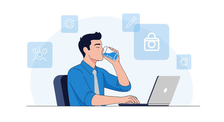 Hydrated professional maintaining focus during work with seamless app integration illustration