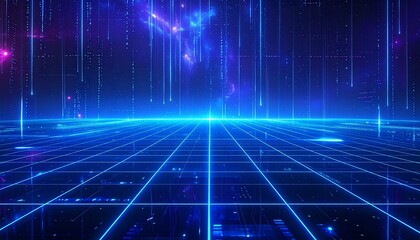 Wall Mural - Futuristic digital grid network, glowing neon blue lines, cyber space abstract background, technology concept, virtual reality visualization, futuristic interface, digital landscape, electronic connec