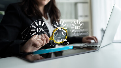 A concept of a system update and software installation. A progress bar and loading icons showing the update percentage and status. Motif